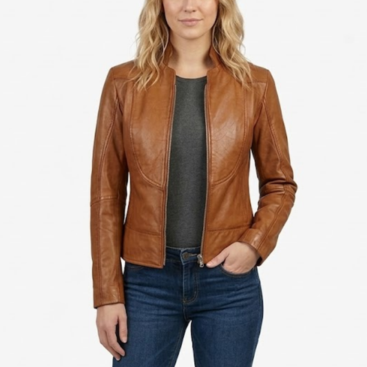 Women's Brown Waxe Real Leather Cafe Racer Jacket