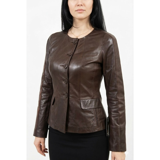 Womens Stylish Brown Leather Collarless Style Coats