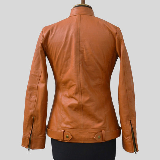 Women's Tan Genuine Lambskin Cafe Racer Leather Jacket