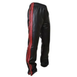 Mens Black Leather Sports Jogging Trousers With Double Red Stripes