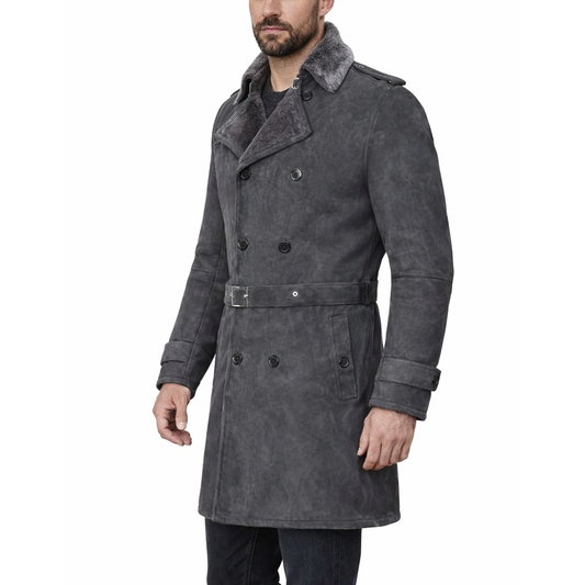 German Military Double-Breasted Real Sheepskin Suede Leather Pea Coat For Men