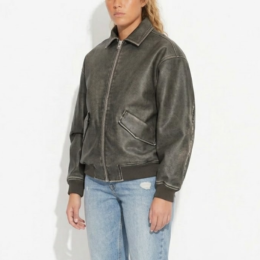 Womens Distressed Black Leather Jacket - Vintage Style Aviator Bomber Coat - Winter Coat