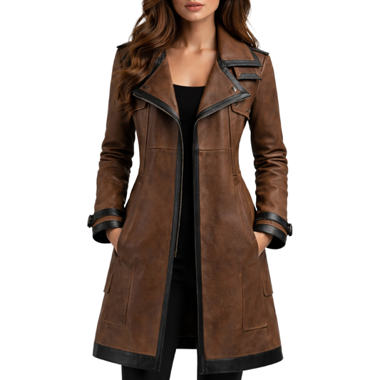 Women’s Vintage Brown Sheepskin Leather Long Overcoat