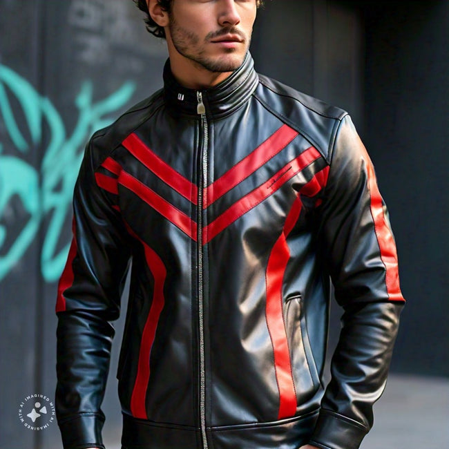 Men's Designer Casual Black Leather Red Strips Jacket