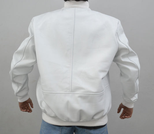 Men's Baseball Letterman Varsity Genuine Leather White Bomber Jacket