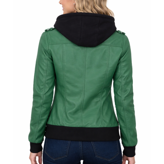 Women’s Green Hooded Leather Jacket