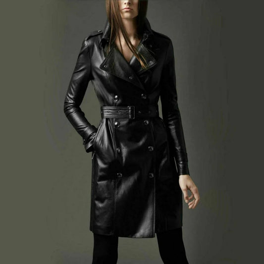 Women's Black Double Breasted Long Trench Belted Coat With Lapel Collar