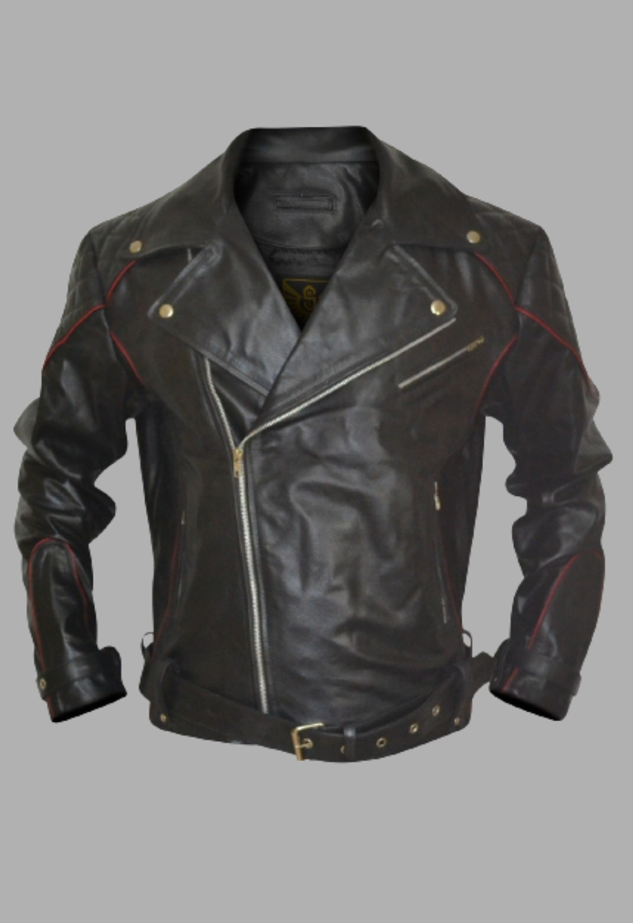 Black Leather Biker Jacket With Red Piping Design Men's