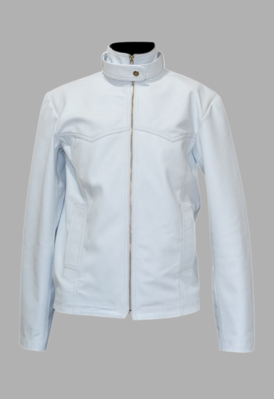 Mens White Snap Collar Genuine Lambskin Cafe Racer Motorcycle