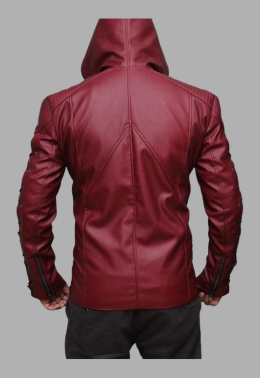 Men's Maroon Hooded Lace up Fashion Real Sheepskin Leather Jacket Man's