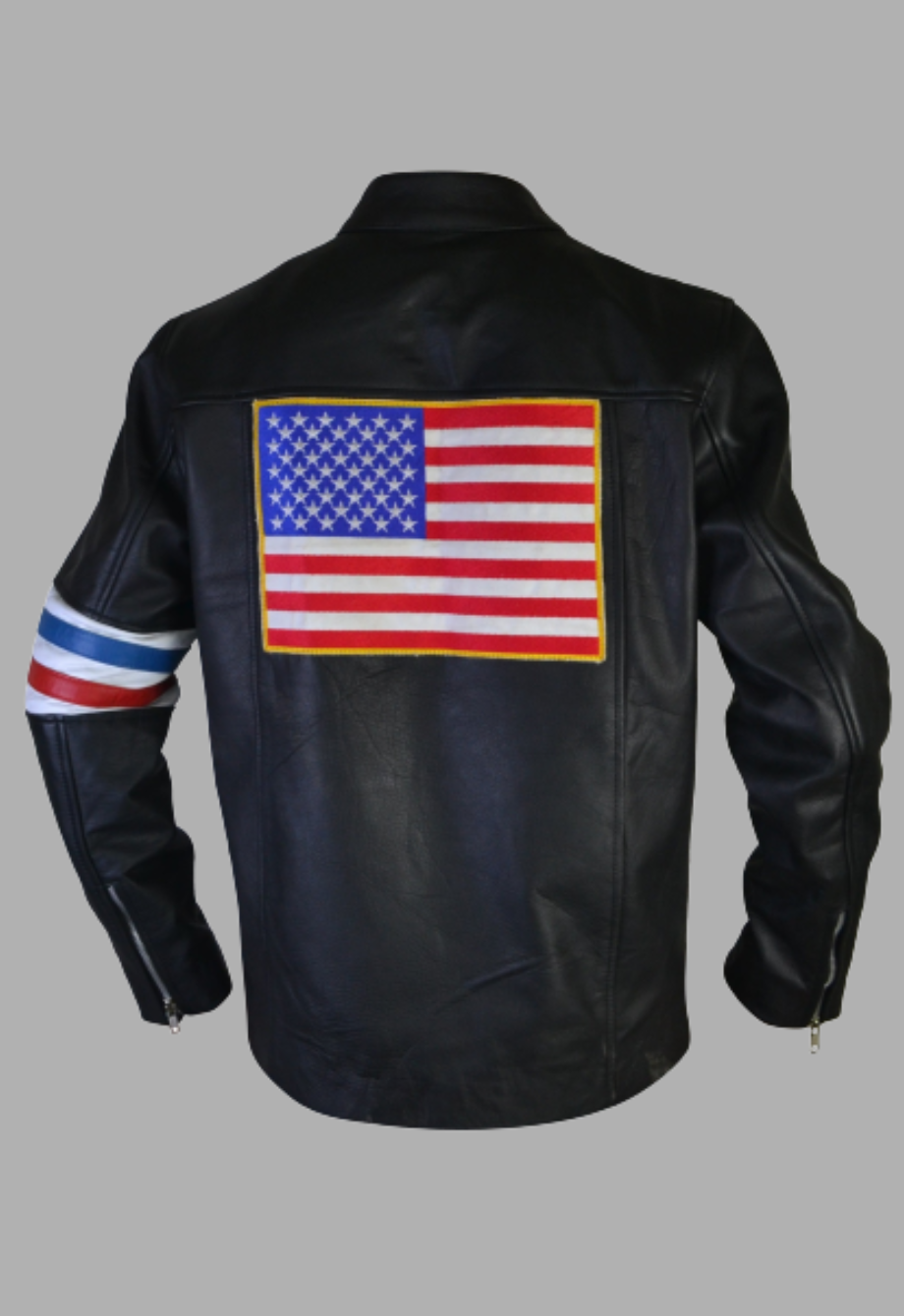 American Star Biker Black Captain Leather Jacket with USA Flag