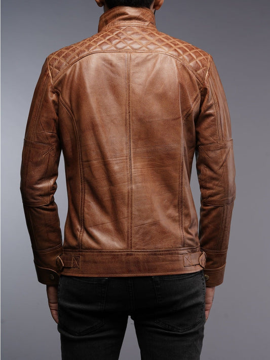 Mens Motorcycle Vintage Brown Diamond Quilted Racer Leather Jacket