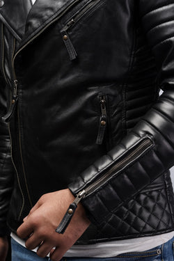 Mens Designer Quilted Padded Biker Gun Metal Leather Jacket