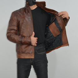 Mens Brown Biker Leather Jacket Origins Slim Fit Stripe Leather Racer Jacket
