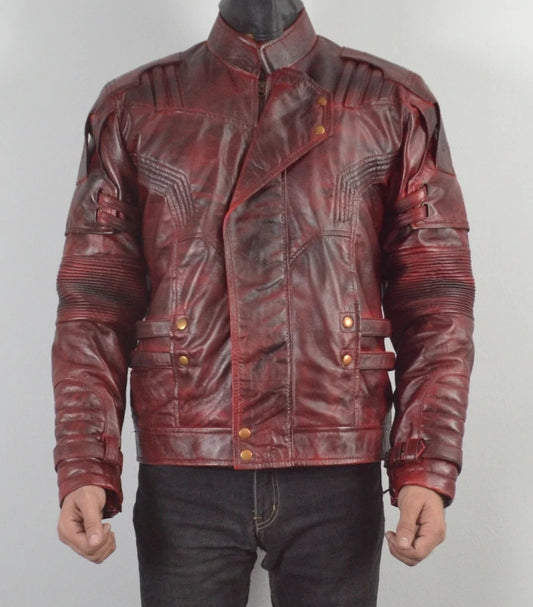 Mens Star Wars Guardian Of The Galaxy Maroon Genuine Waxed Biker Leather Jacket For Mens