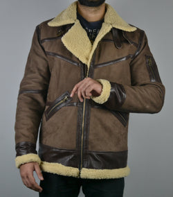Men's Shearling Fur Bomber Brown Suede Leather Jacket
