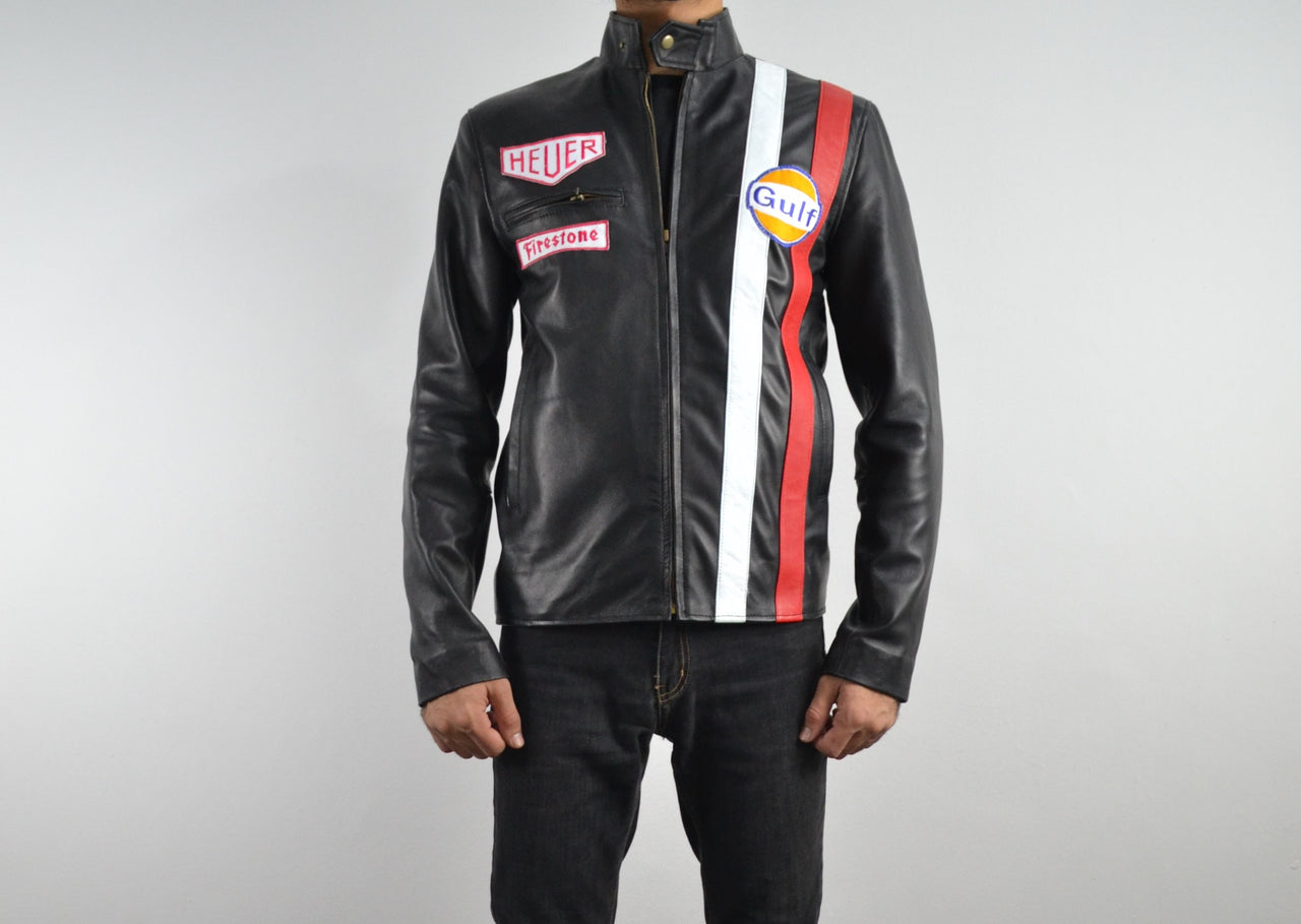 Men Cafe Racer Steve McQueen Stripe Leather Jacket Man's