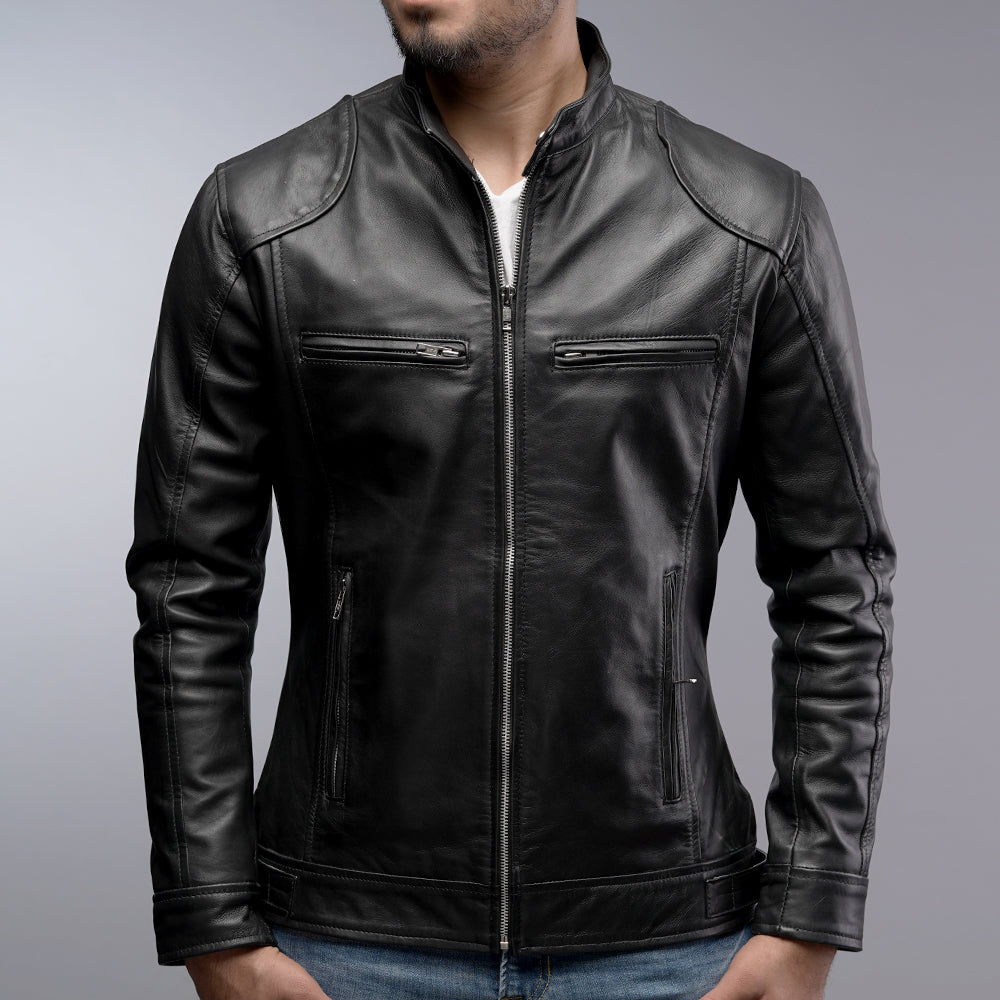 Moto Jacket Black Leather Cafe Racer Jacket Men Cafe Racer Black