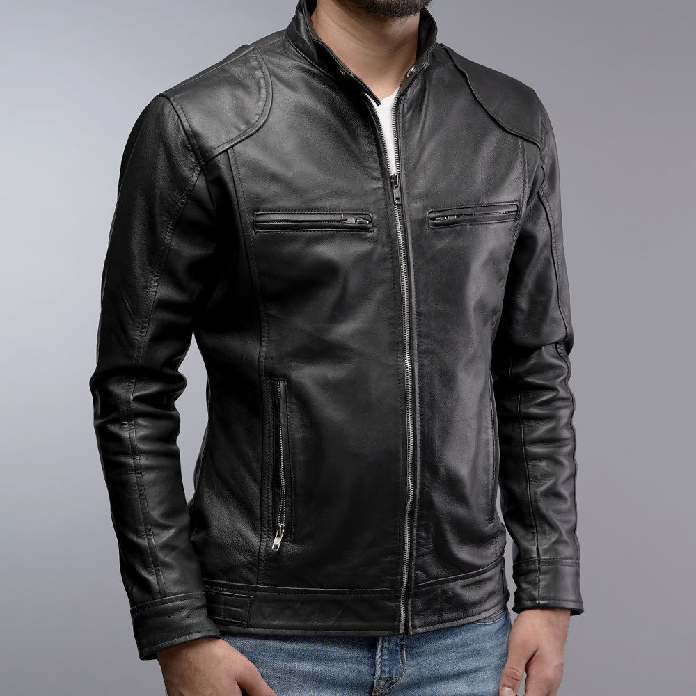 Men Cafe Racer Black Motorcycle Zipper Slim Fit Leather Jacket