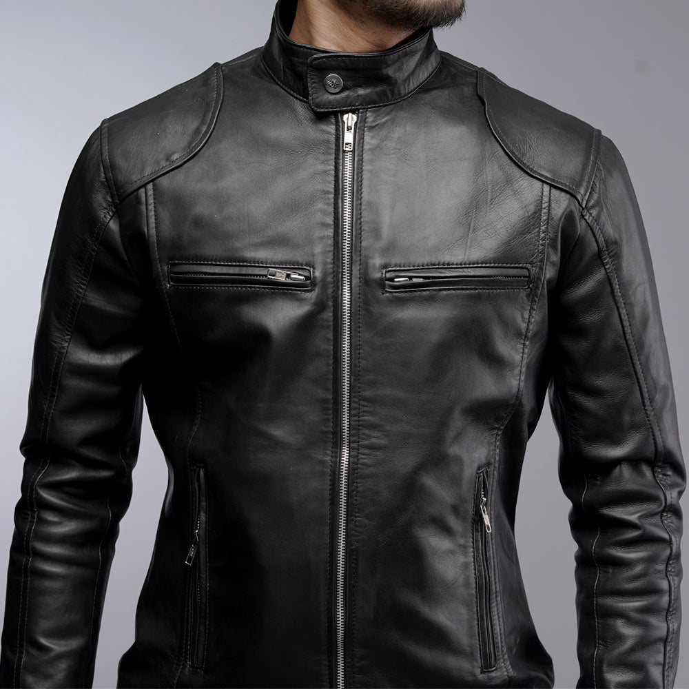 Men Cafe Racer Black Motorcycle Zipper Slim Fit Leather Jacket