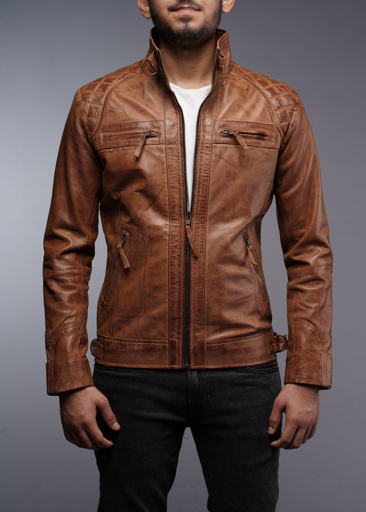 Mens Motorcycle Vintage Brown Diamond Quilted Racer Leather Jacket