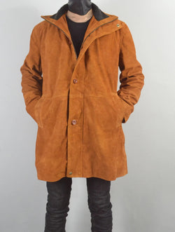 Mens Brown Three Quarter Trench Suede Leather Coat