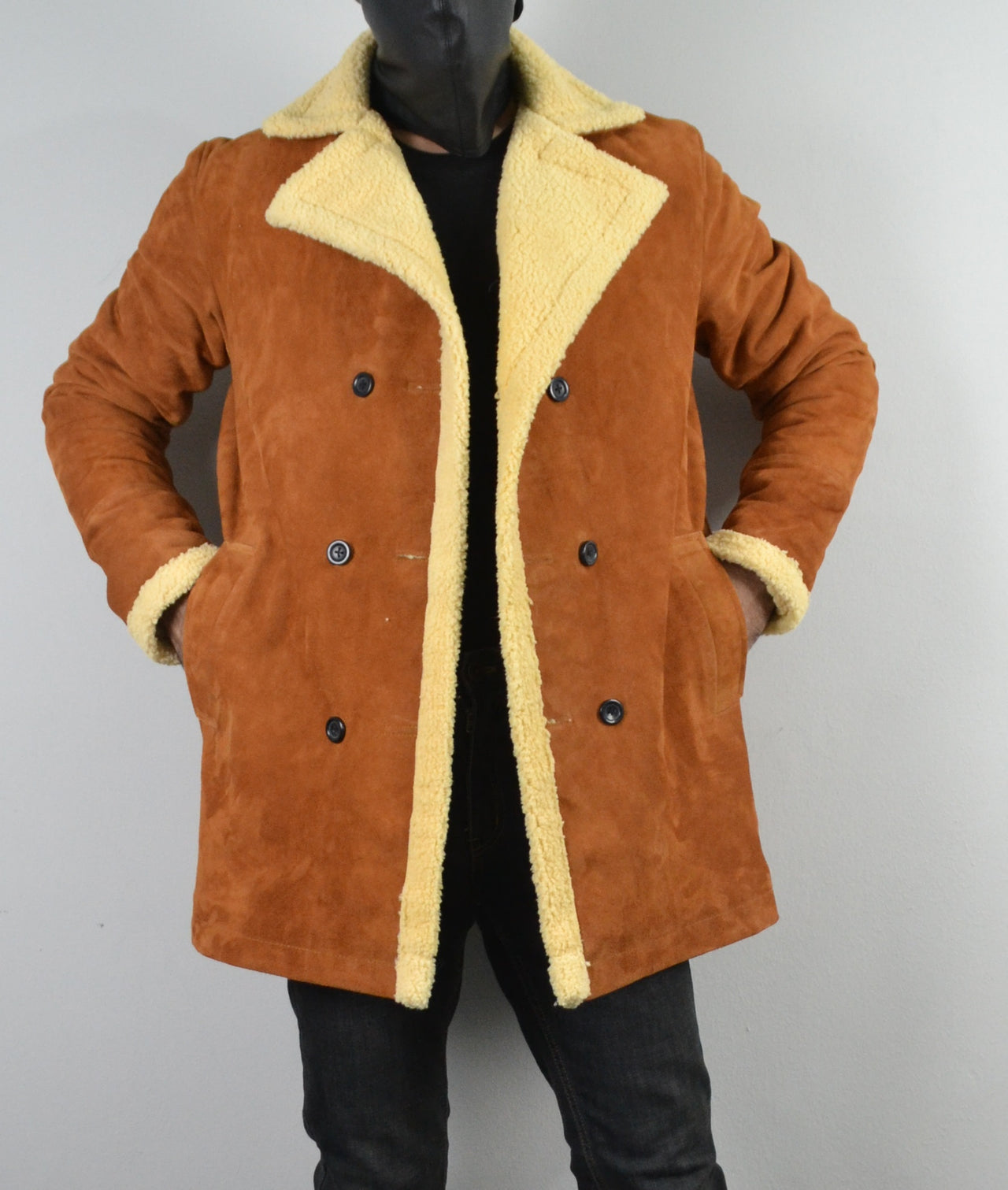 Men's Double Breasted Shearling Fur Suede Tan Leather Jacket