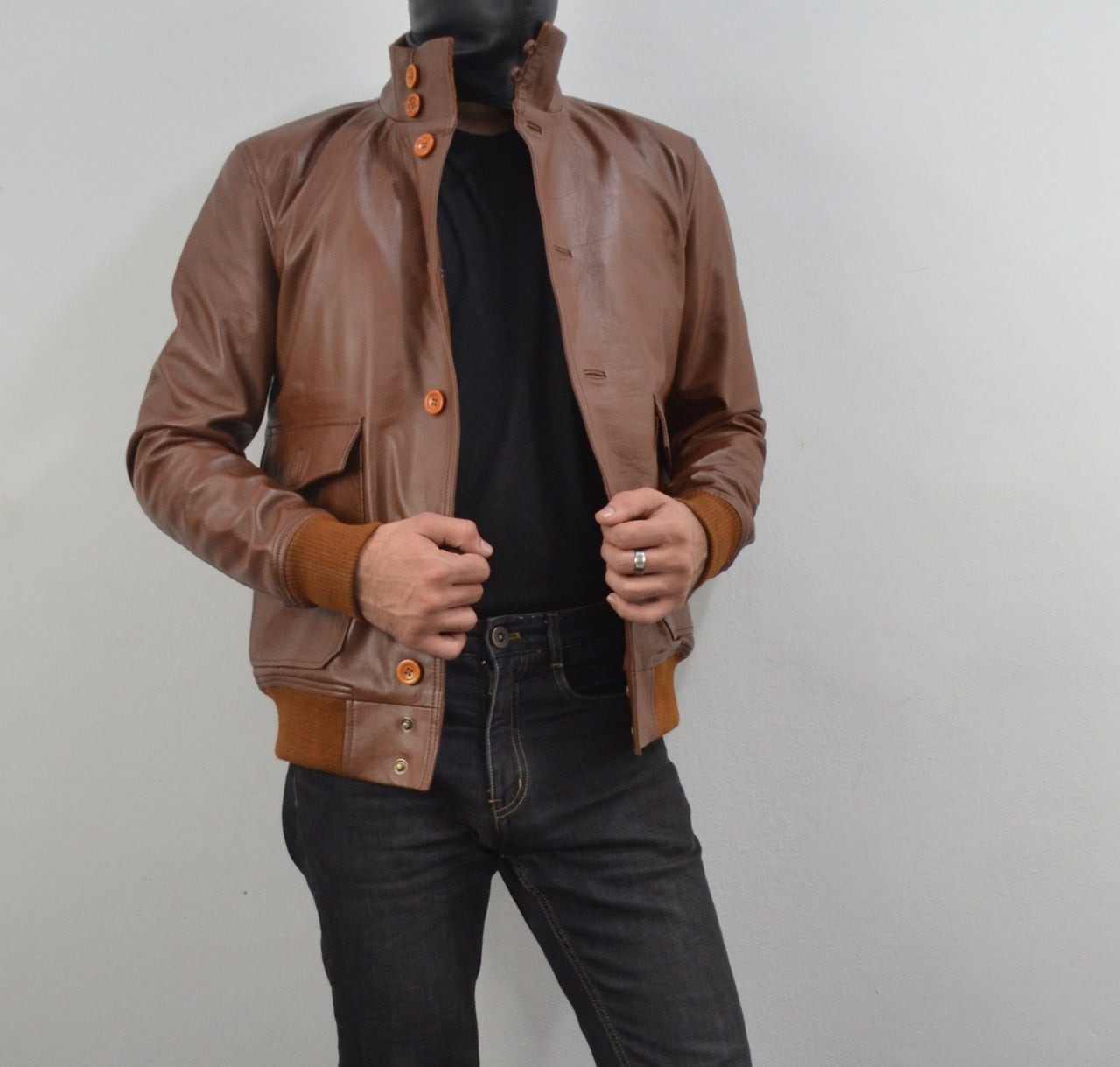 Mens A-1 Flight Tan Bomber Style Ribbed Leather Jacket Butons Style For Mens
