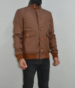 Mens A-1 Flight Tan Bomber Style Ribbed Leather Jacket For Mens