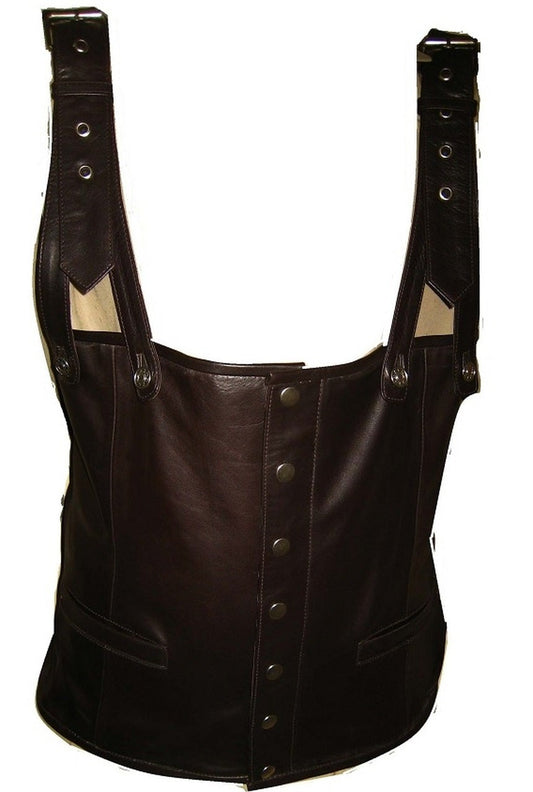 Mens Brown Rapper Style Strap Lambskin Leather Vest (CL-05)