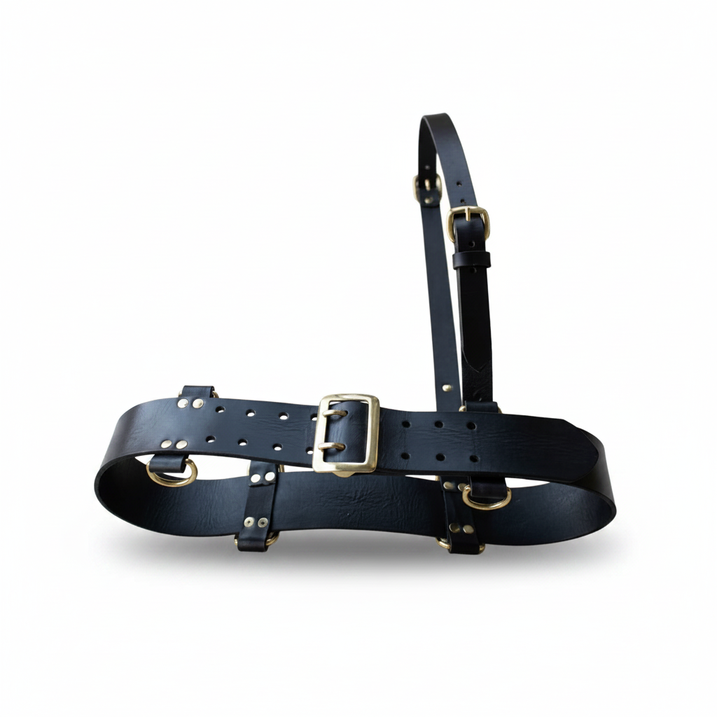 A black leather harness with gold-tone metal hardware, including a buckle, rings, and studs, displayed against a clean white background.