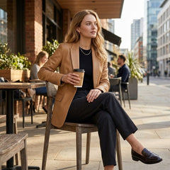 A woman sits on a wooden chair at an outdoor cafe, wearing a tan blazer, black top and trousers, and dark loafers, holding a takeaway coffee cup.