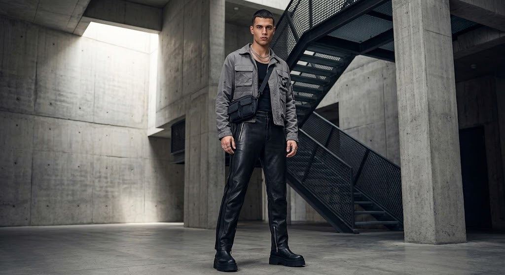 A man stands in a concrete industrial interior wearing a gray utility jacket over a black shirt and black leather pants with black boots.