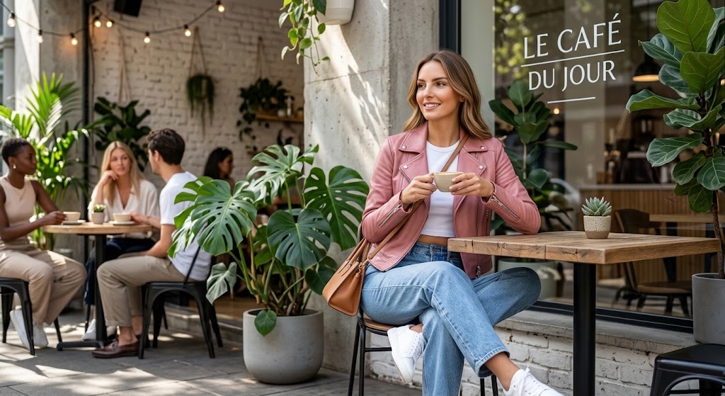 A woman sits at an outdoor cafe table wearing a pink blazer, white top, and blue jeans, holding a cup. The scene includes other cafe patrons, large green plants, and a sign reading 'LE CAFÉ DU JOUR'.