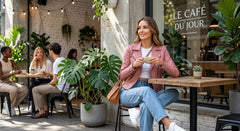 A woman sits at an outdoor cafe table wearing a pink blazer, white top, and blue jeans, holding a cup. The scene includes other cafe patrons, large green plants, and a sign reading 'LE CAFÉ DU JOUR'.