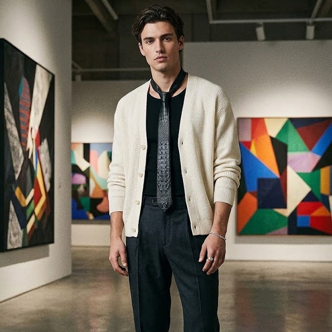 A man stands in an art gallery wearing a cream knit cardigan over a black shirt and tie, paired with dark charcoal trousers and black dress shoes. Colorful abstract paintings are visible in the background.