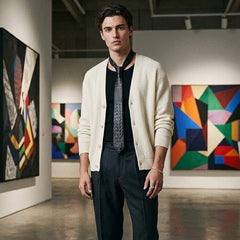 A man stands in an art gallery wearing a cream knit cardigan over a black shirt and tie, paired with dark charcoal trousers and black dress shoes. Colorful abstract paintings are visible in the background.