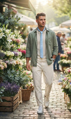 A man walking down a cobblestone path in a flower market, wearing a sage green button-up shirt over a light blue tie, a cream sweater, cream trousers, and white sneakers.
