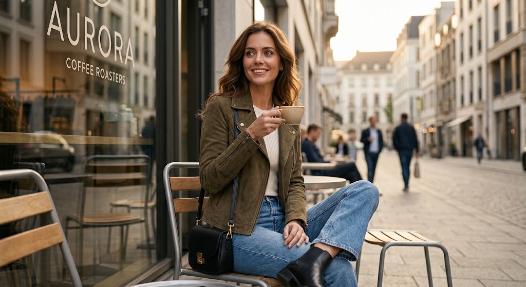 A woman sits on a cafe outdoor chair holding a coffee cup, wearing an olive green jacket, white top, blue jeans, and black boots, with a black shoulder bag. The background shows a city street scene and a coffee roaster shop window with the text 'AURORA COFFEE ROOSTERS'.