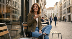A woman sits on a cafe outdoor chair holding a coffee cup, wearing an olive green jacket, white top, blue jeans, and black boots, with a black shoulder bag. The background shows a city street scene and a coffee roaster shop window with the text 'AURORA COFFEE ROOSTERS'.
