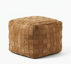 A square woven pouf ottoman in a warm tan-brown suede-like material, shown on a clean white background.