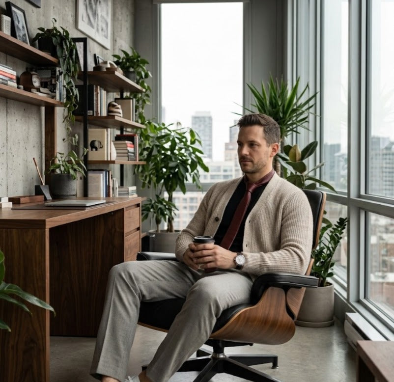 A man sits in a modern office chair in a bright, plant-filled workspace, wearing a beige cardigan, gray trousers, and a dark tie, holding a smartphone.