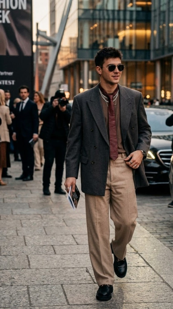 A man walking on a city street wearing a dark gray double-breasted blazer, beige trousers, a rust-red shirt, and sunglasses.