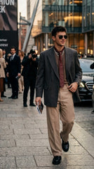 A man walking on a city street wearing a dark gray double-breasted blazer, beige trousers, a rust-red shirt, and sunglasses.