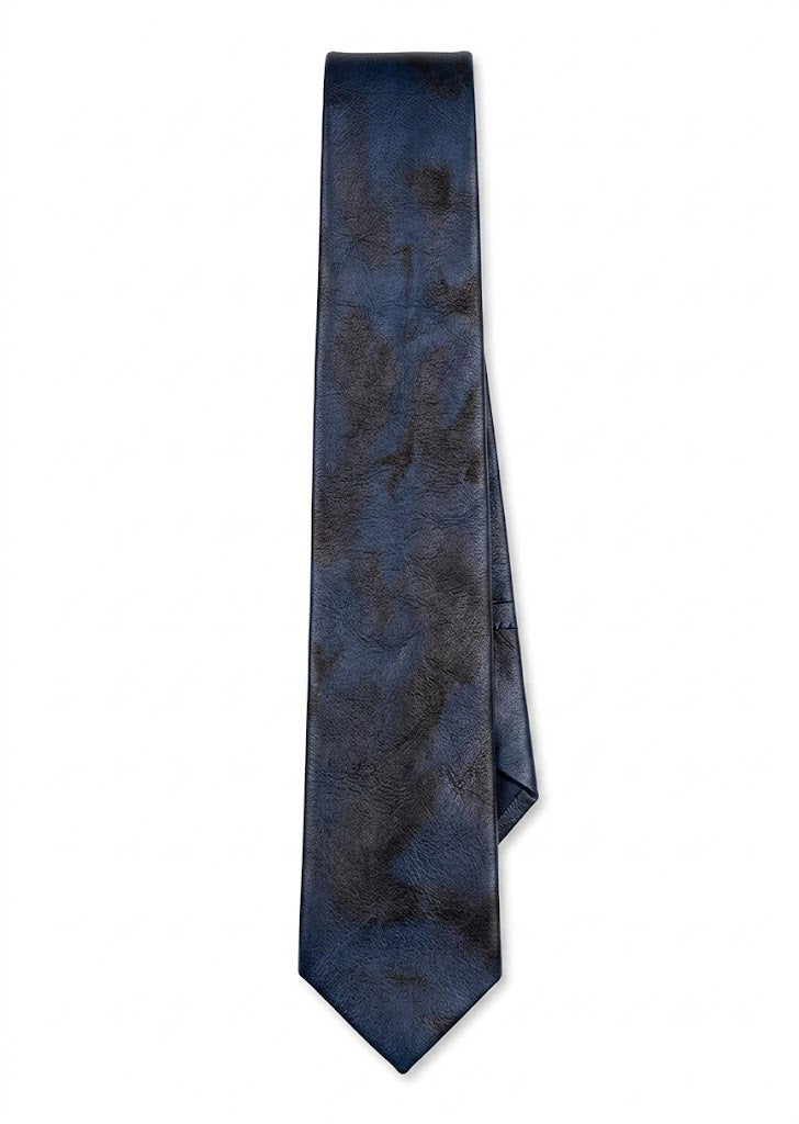 A dark navy blue necktie with a subtle mottled or marbled texture, shown vertically against a plain white background.