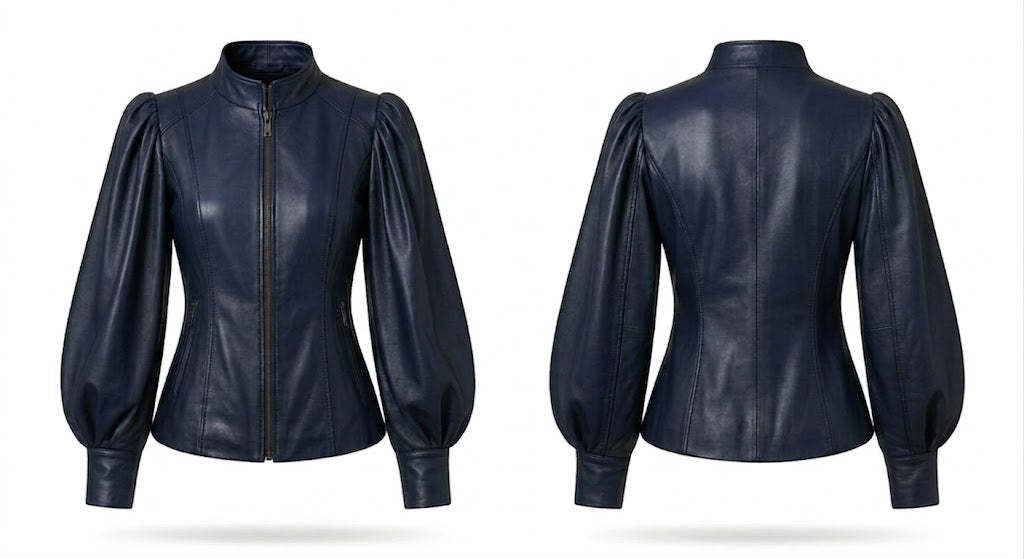 A navy blue leather jacket shown from both the front and back views, featuring a high stand collar, front zipper, and voluminous balloon sleeves, set against a plain white background.