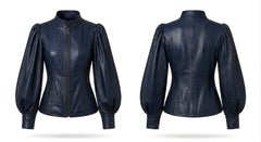 A navy blue leather jacket shown from both the front and back views, featuring a high stand collar, front zipper, and voluminous balloon sleeves, set against a plain white background.