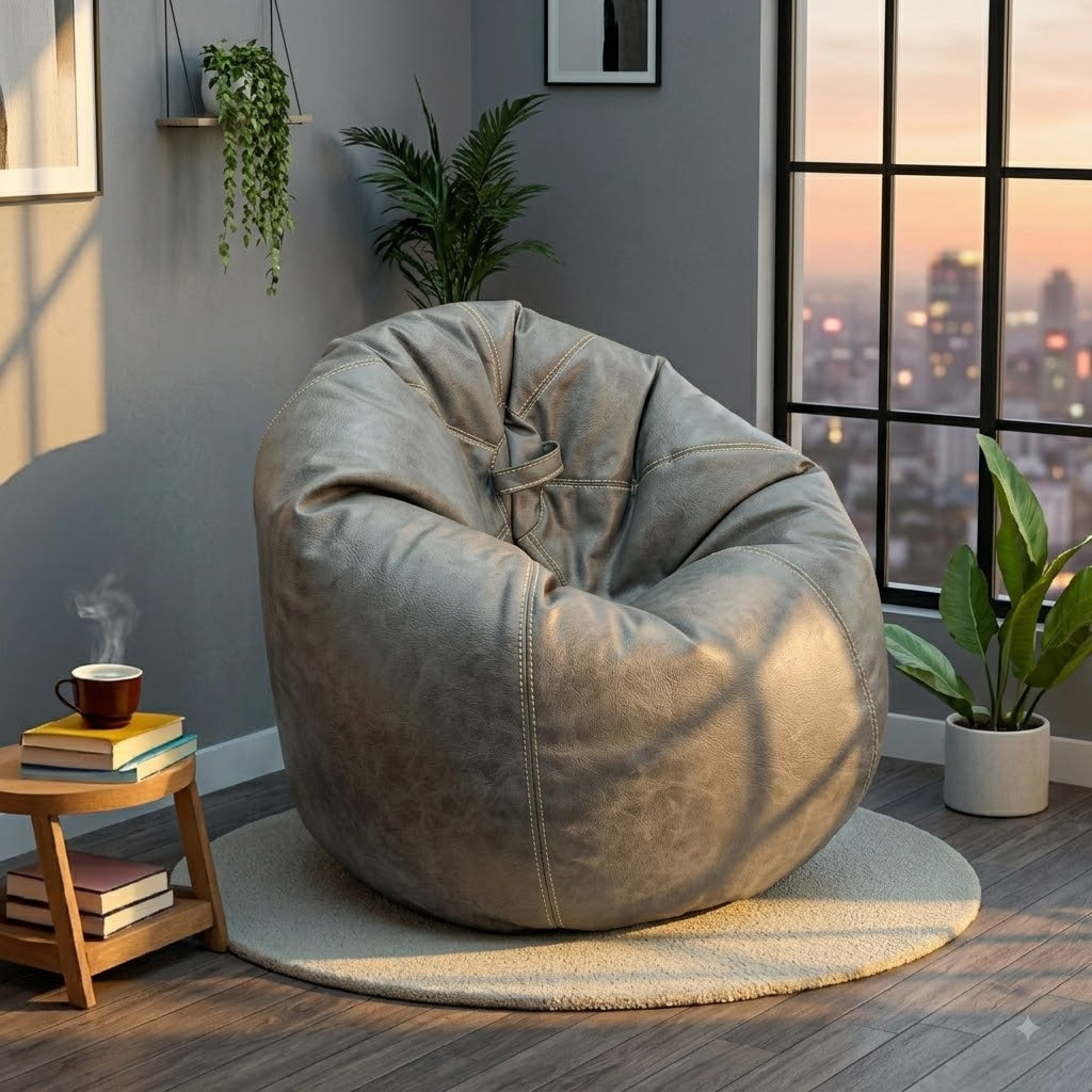 A large, plush bean bag chair in a weathered taupe-gray color, styled on a round light beige rug in a modern room with a window showing a city skyline at sunset.