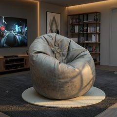 A large, plush bean bag chair in a distressed light gray leather or faux leather material, styled in a modern living room setting on a round white rug.