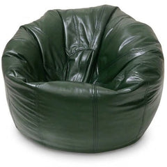 A dark green leather bean bag chair with a rounded, cushioned shape and stitched panel details, shown on a plain white background.